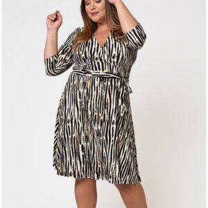 Leota Zebra Crepe Jersey Faux Wrap Dress Belted Stretch White Black Work Plus 2X